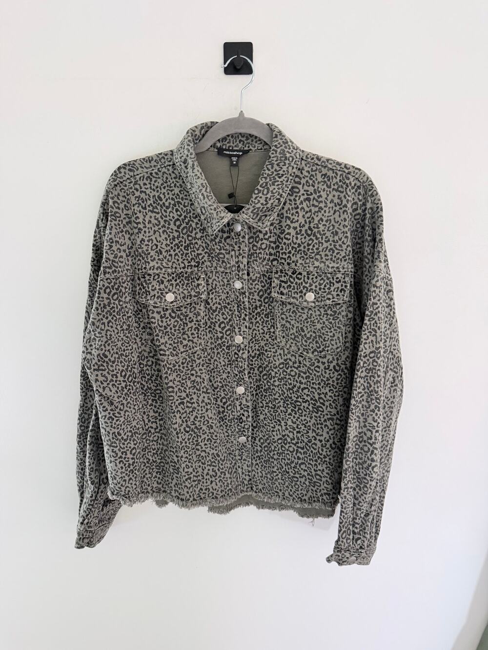 NWT Mittoshop Army Green Black Leopard Print Frayed Denim ButtonUp Jacket-Size M